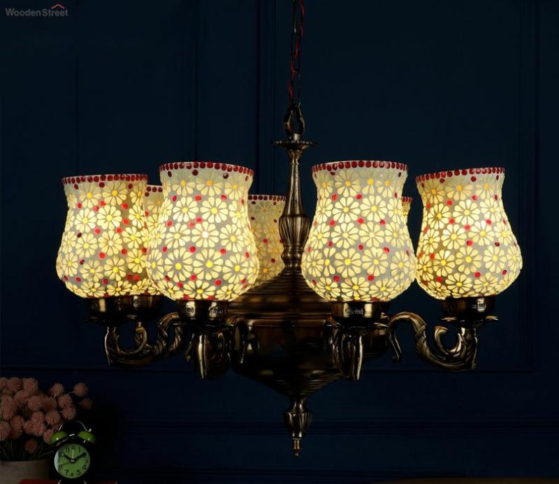 White And Brown Aluminium Chandelier With Handmade Glass Ceiling Lights