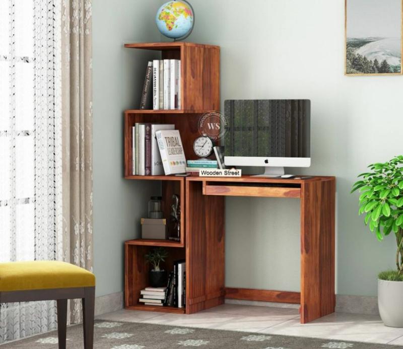 Zeneca Sheesham Wood Study Table With Keyboard Tray & Bookshelf (Honey Finish) Corner Study Table