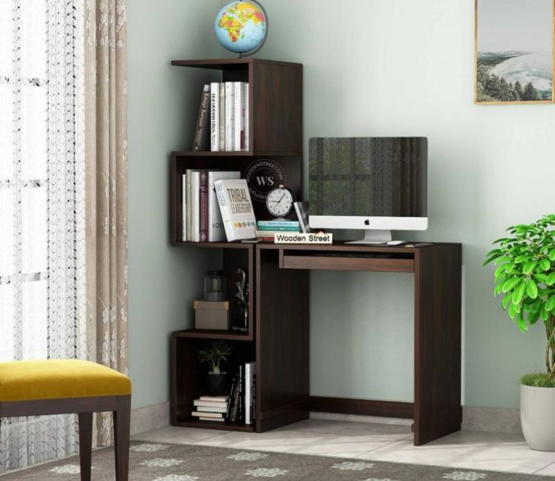 Zeneca Sheesham Wood Study Table With Keyboard Tray & Bookshelf (Walnut Finish) Corner Study Table