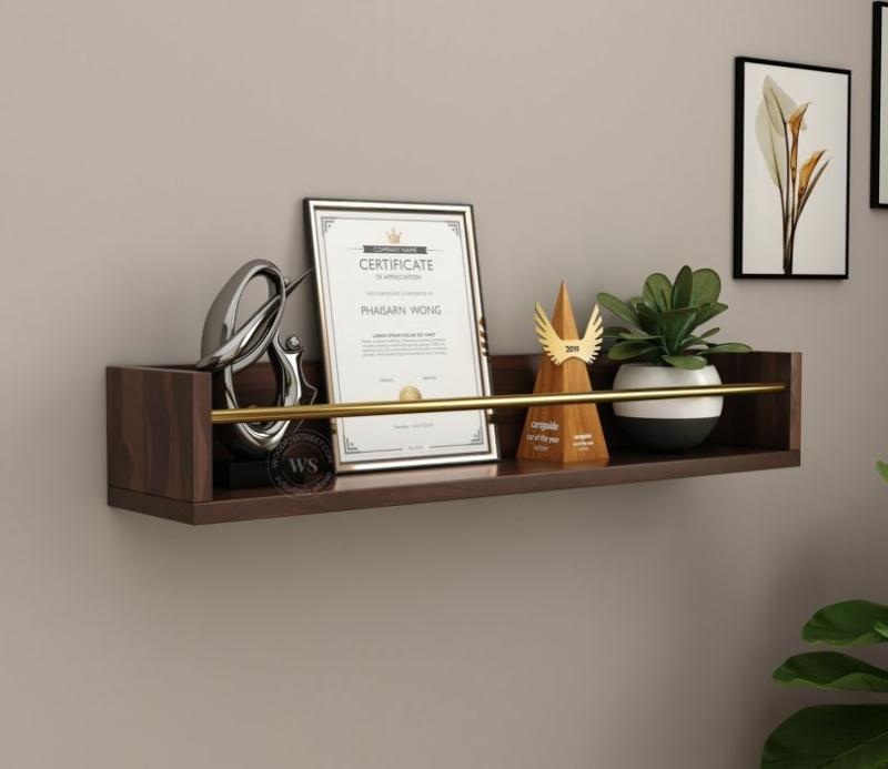 Zoya Sheesham Wood With Brass Piping Wall Shelf (Walnut Finish) Living Storage