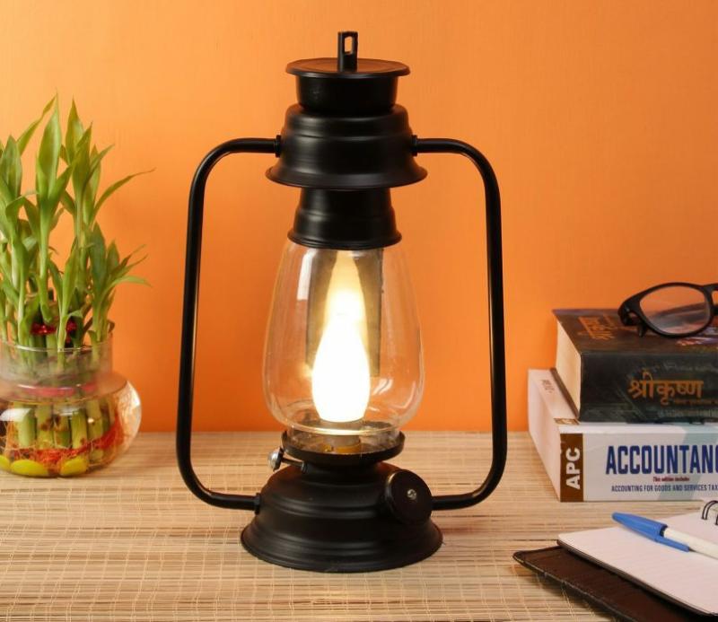 Black Clear Glass Lantern Table Lamp (Black) Lamps