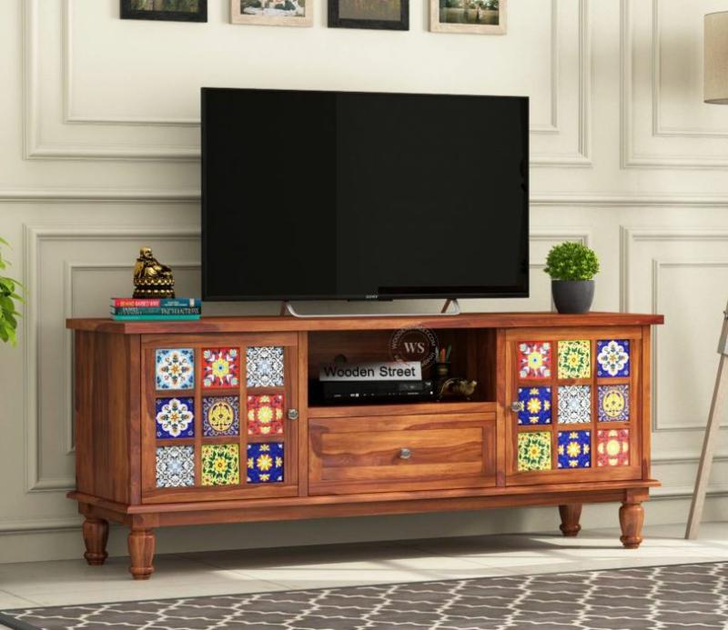 Boho Sheesham Wood Tv Cabinet With Ceramic Tiles & Storage (Honey Finish) Cabinets & Sideboards