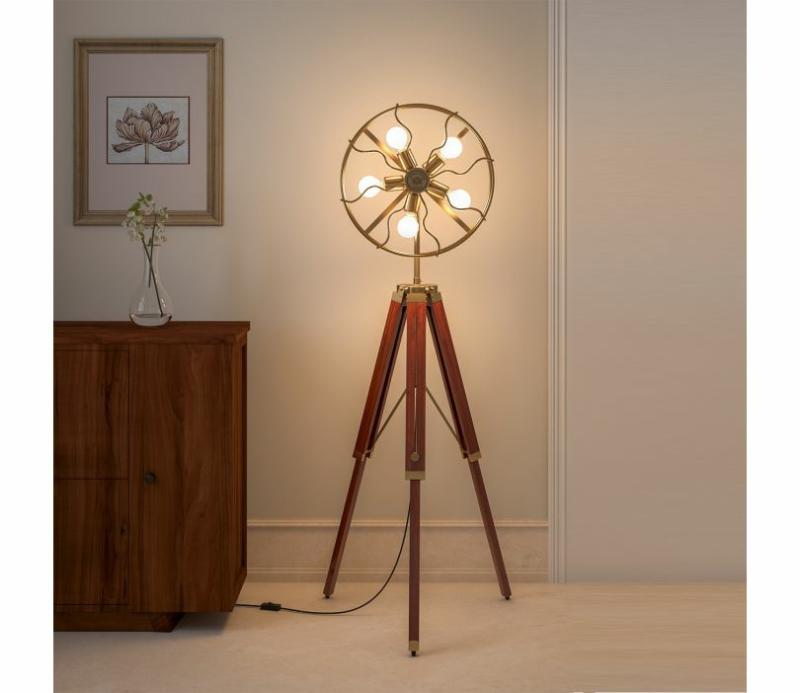 Brown Colour Wooden Antique Brass Adustable Tripod Floor Lamp Lamps