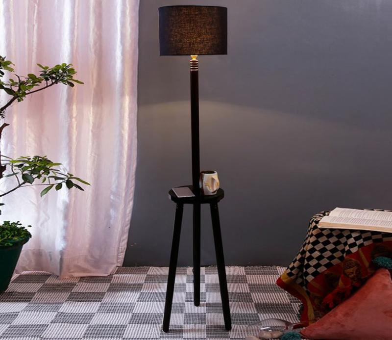 Cotton Drum Shade Wood Brown Table With Tripod Floor Lamp (Black) Lamps