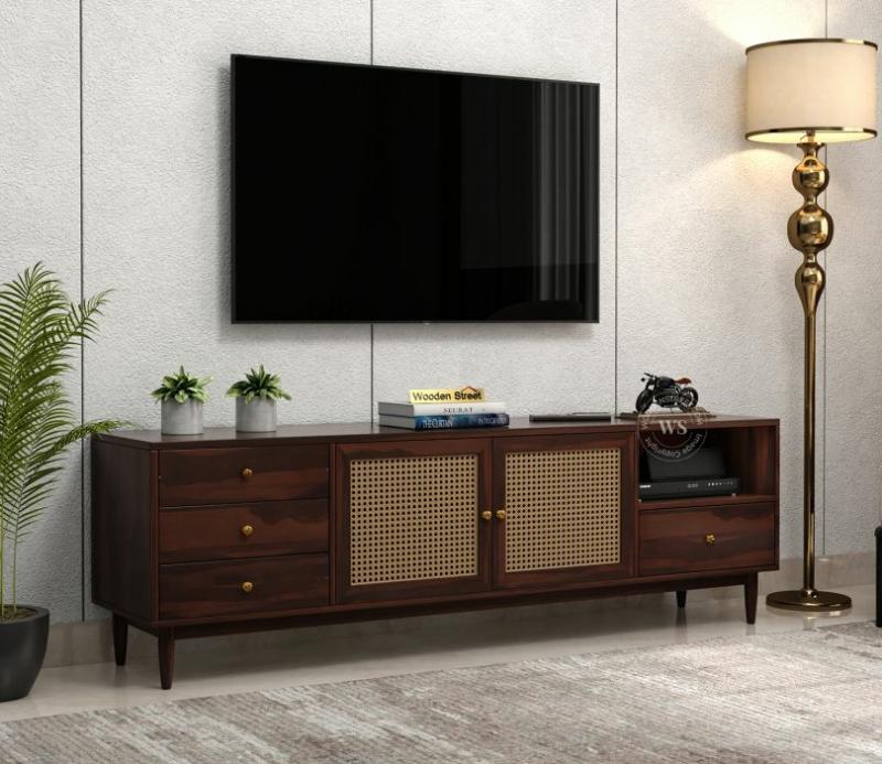 Estelle Sheesham Wood And Cane Tv Unit (Walnut Finish) Living Storage