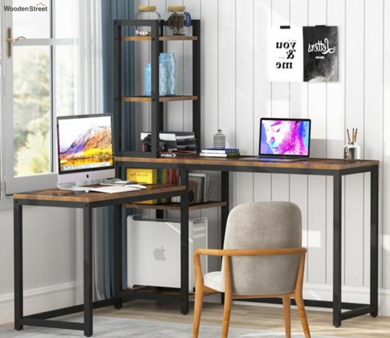 Rustic Brown L-Shaped Computer Desk With Bookshelf Storage Corner Study Table