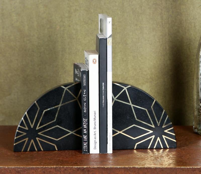 Stone Bookends With Brass Inlay (Black) Living Storage