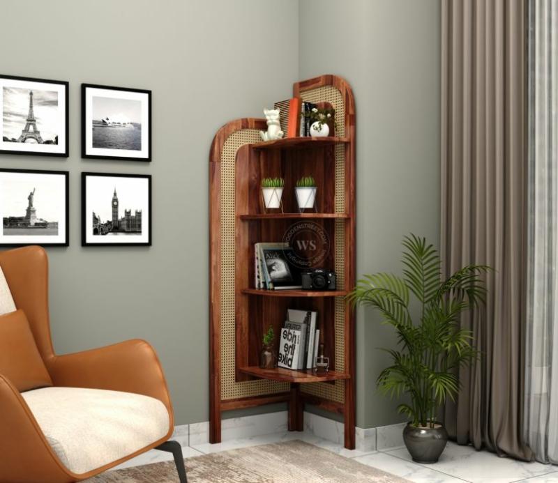 Tarika Sheesham Wood And Cane 4 Tier Corner Book Shelf (Honey Finish) Bookshelves